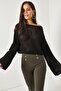 Women's Black Spanish Sleeve Openwork Crop Knitwear Blouse BLZ-19002176 - 4