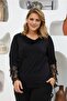 Plus Size Comfortable Lace Collar Sleeve Black Sequin Embroidery Detail Long Sleeve Blouse-black - 4