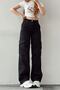 Alya Black Cargo Loose Back Pocketless Lycra Super High Waist Jean Trousers