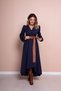 Women's Flexible Atlas Fabric Asymmetrical Cut Tan Belt Detailed Double Breasted Collar Navy Blue Maxi Dress 210 - 3