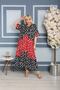 Women's Large Size Flower Printed Black Red Woven Viscose Dress - 3