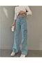 Power Lycra Women's Baby Blue Cargo Pocket Super High Waist Loose Leg Jans Denim Palazzo Trousers
