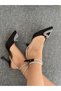 Black Satin Women's Ankle Strap Stoned Heart Detailed Classic Heeled Shoes - 4
