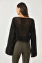 Women's Black Spanish Sleeve Openwork Crop Knitwear Blouse BLZ-19002176 - 5