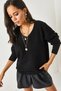 Women's Black V-Neck Soft Textured Knitwear Sweater KZK-19000598 - 2