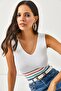 Women's Ecru Color Striped Front Back V Knitwear Blouse BLZ-19002175 - 3