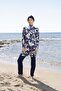 Women's Full Covered Pants Floral Patterned Hijab Swimsuit - Navy Blue - 3