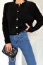 Women's Black Crew Neck Gold Buttoned Teddy Cardigan