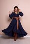 Women's Flexible Atlas Fabric Asymmetrical Cut Tan Belt Detailed Double Breasted Collar Navy Blue Maxi Dress 210 - 4