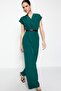 Emerald Green Belted Double-Breasted Collar Wide Leg Woven Jumpsuit TWOSS21TU0004 - 2
