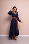 Women's Flexible Atlas Fabric Asymmetrical Cut Tan Belt Detailed Double Breasted Collar Navy Blue Maxi Dress 210 - 7