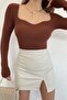 Women's Brown Heart Collar Knitwear Sweater - 2