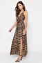 Camel Leopar Desenli More Sustainable Kruvaze Yırtmaç Detaylı Maxi Dokuma Elbise TWOSS23EL01892 - 2