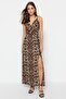 Camel Leopar Desenli More Sustainable Kruvaze Yırtmaç Detaylı Maxi Dokuma Elbise TWOSS23EL01892 - 3