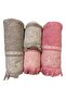 4-Piece Fringed Hammam Set, Bath and Head Towel - Grey & Pink