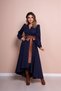 Women's Flexible Atlas Fabric Asymmetrical Cut Tan Belt Detailed Double Breasted Collar Navy Blue Maxi Dress 210