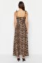 Camel Leopar Desenli More Sustainable Kruvaze Yırtmaç Detaylı Maxi Dokuma Elbise TWOSS23EL01892 - 7