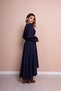 Women's Flexible Atlas Fabric Asymmetrical Cut Tan Belt Detailed Double Breasted Collar Navy Blue Maxi Dress 210 - 5