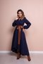 Women's Flexible Atlas Fabric Asymmetrical Cut Tan Belt Detailed Double Breasted Collar Navy Blue Maxi Dress 210 - 6