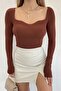 Women's Brown Heart Collar Knitwear Sweater - 3