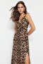 Camel Leopar Desenli More Sustainable Kruvaze Yırtmaç Detaylı Maxi Dokuma Elbise TWOSS23EL01892 - 4