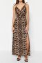 Camel Leopar Desenli More Sustainable Kruvaze Yırtmaç Detaylı Maxi Dokuma Elbise TWOSS23EL01892 - 5