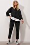 Women's Black Wide Collar Elastic Waist Double Pocket Front Stitched Two-Thread Top and Bottom Set ALC-X8175 - 2