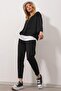 Women's Black Wide Collar Elastic Waist Double Pocket Front Stitched Two-Thread Top and Bottom Set ALC-X8175 - 3
