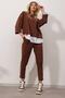 Women's Brown Wide Collar Top and Elasticated Waist Double Pocket Two-Thread Top and Bottom Set ALC-X8175 - 2