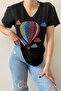 Women's Black V-Neck New Season Balloon Pattern Sequin Embroidered Cotton T-Shirt - 3
