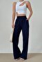 Qustyle Women's Knitted Belt Trousers Navy Blue - 2