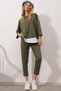 Women's Khaki Crew Neck Blouse with Color Trim and Double Pocket Ribbed Stitch Trousers Set ALC-X8175 - 3