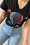Women's Black V-Neck New Season Balloon Pattern Sequin Embroidered Cotton T-Shirt - 4
