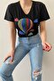 Women's Black V-Neck New Season Balloon Pattern Sequin Embroidered Cotton T-Shirt - 7