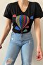 Women's Black V-Neck New Season Balloon Pattern Sequin Embroidered Cotton T-Shirt - 8