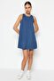 Koyu Mavi Volanlı Oversize Mini Denim Elbise TWOSS23EL01942 - 3