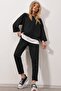 Women's Black Wide Collar Elastic Waist Double Pocket Front Stitched Two-Thread Top and Bottom Set ALC-X8175