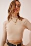 Women's Black Ribbed Half Turtleneck Camisole Crop Blouse