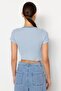 Mavi Çizgili-Lacivert Düz 2'li Paket Fitted/Vücuda Oturan Crop Fitilli Örme Bluz TWOSS23BZ00388 - 4