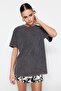 Antrasit %100 Kalın Pamuklu Soluk Efektli Boyfriend/Geniş Kalıp Örme T-Shirt TWOSS23TS00112 - 2