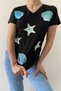 Women's Black V-Neck Oyster Starfish Sequin Embroidered Cotton T-shirt