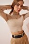 Women's Black Ribbed Half Turtleneck Camisole Crop Blouse - 2
