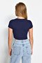 Mavi Çizgili-Lacivert Düz 2'li Paket Fitted/Vücuda Oturan Crop Fitilli Örme Bluz TWOSS23BZ00388 - 5