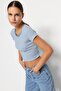 Mavi Çizgili-Lacivert Düz 2'li Paket Fitted/Vücuda Oturan Crop Fitilli Örme Bluz TWOSS23BZ00388 - 3