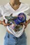 Women's White V-Neck Sequin Embroidered 100% Cotton T-Shirt - 4