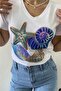 Women's White V-Neck Sequin Embroidered 100% Cotton T-Shirt - 5