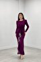 Imported Crepe Fabric Stone Tassel Detailed Evening Dress - Eggplant Purple - 2
