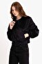 Black Women's Faux Fur Jacket with Zipper - 8
