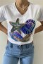 Women's White V-Neck Sequin Embroidered 100% Cotton T-Shirt - 3
