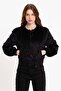 Black Women's Faux Fur Jacket with Zipper - 2